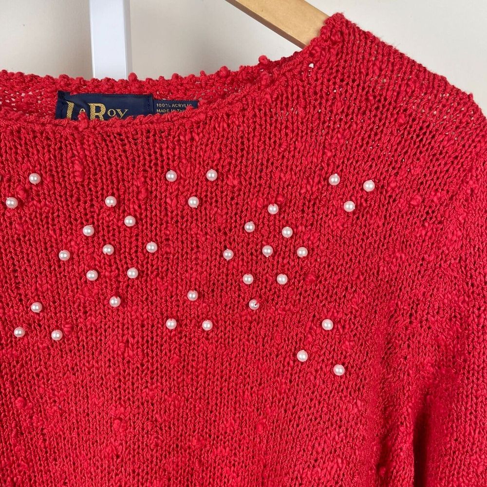 Le Roy Knitwear Vintage‎ 80s Red Sweater Pearl Beaded Long Sleeve Womens XL